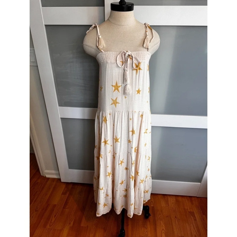 Storia Gold Star Midi Sun Dress Cream Tie Shoulder Smocked Tiered XS Guaze